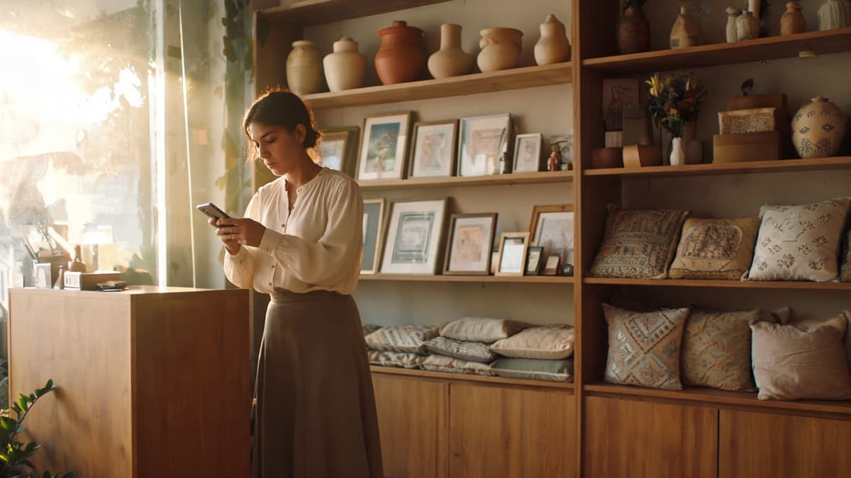 Lojista consultando o celular numa loja de decoração, com quadros e almofadas nas prateleiras