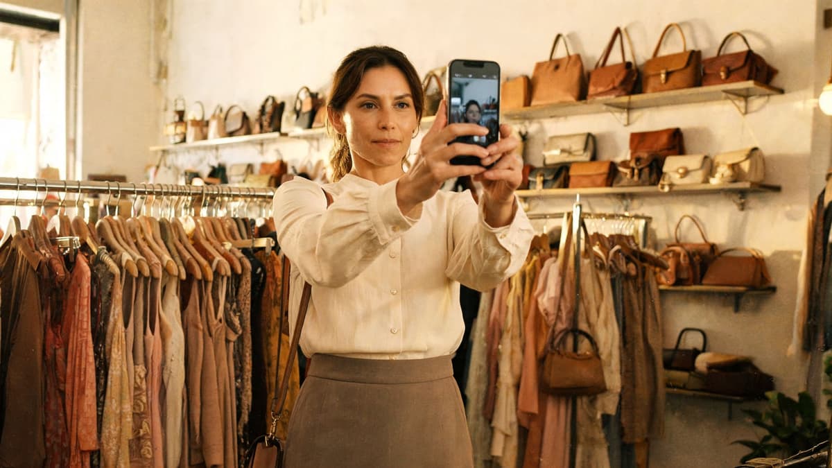 Lojista mostrando a tela do celular numa loja de roupas e bolsas