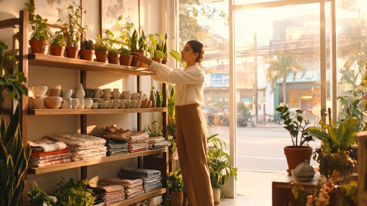 Prateleiras de loja de decoração separadas por categoria: plantas, cerâmica e tecidos