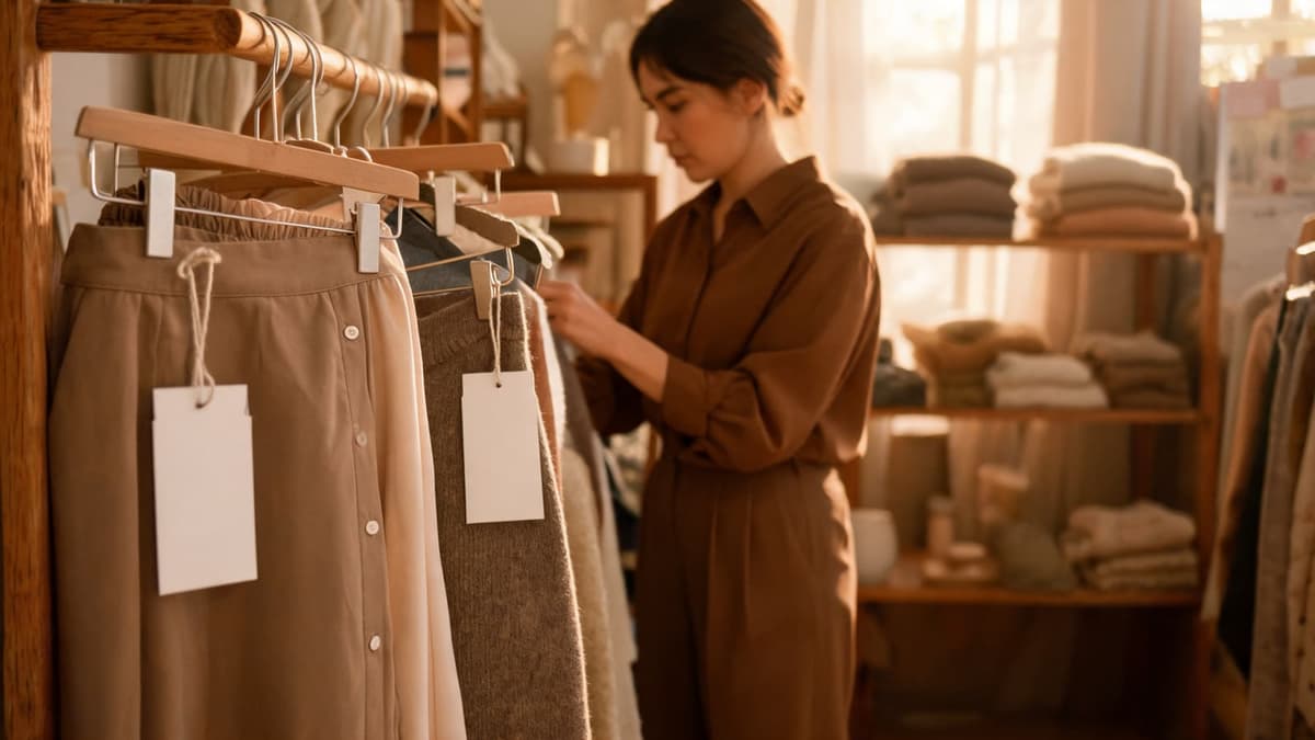 Etiquetas de preço penduradas em peças de roupa numa arara de loja